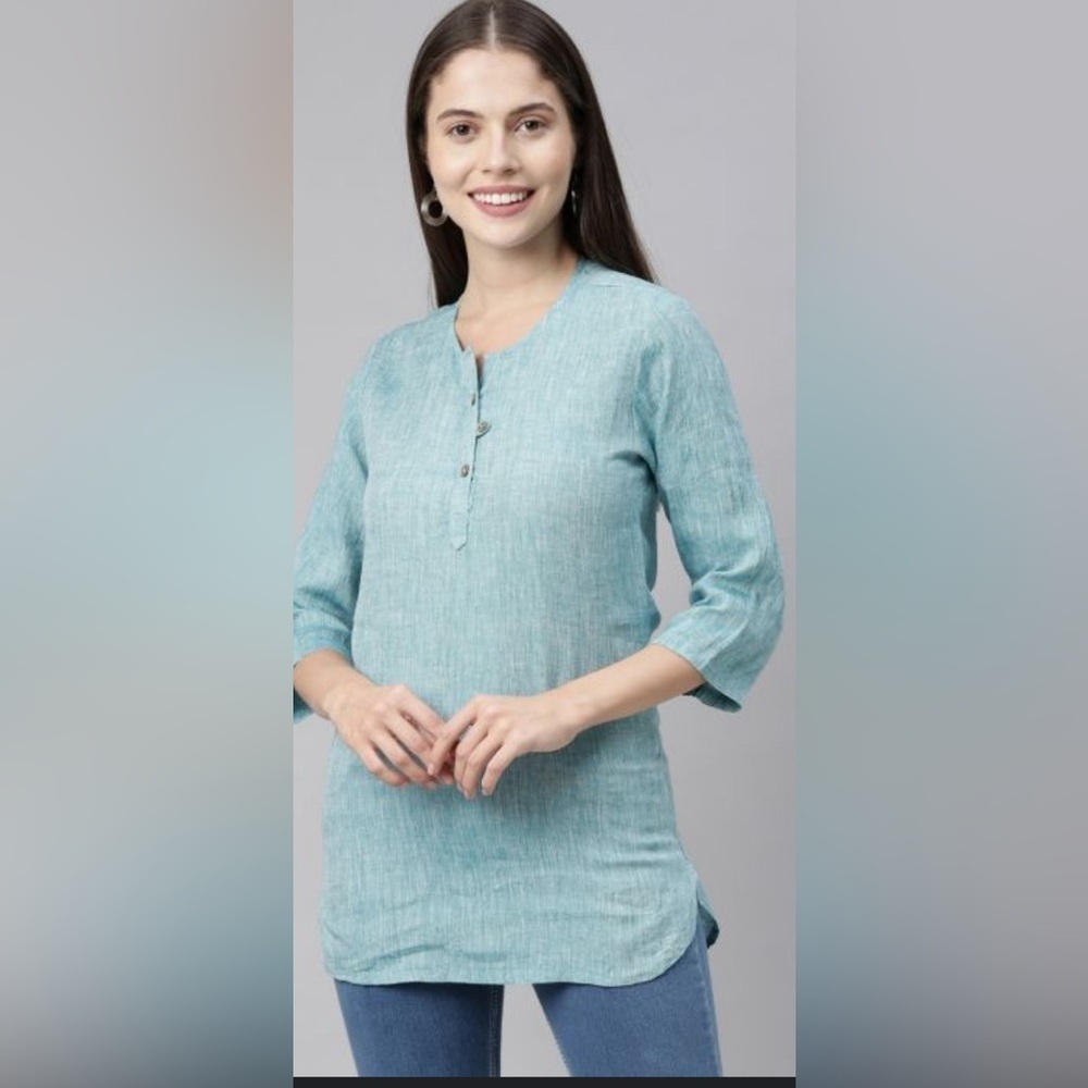 Ecentric Women Teal Green Solid Hemp High low Top Size XXl